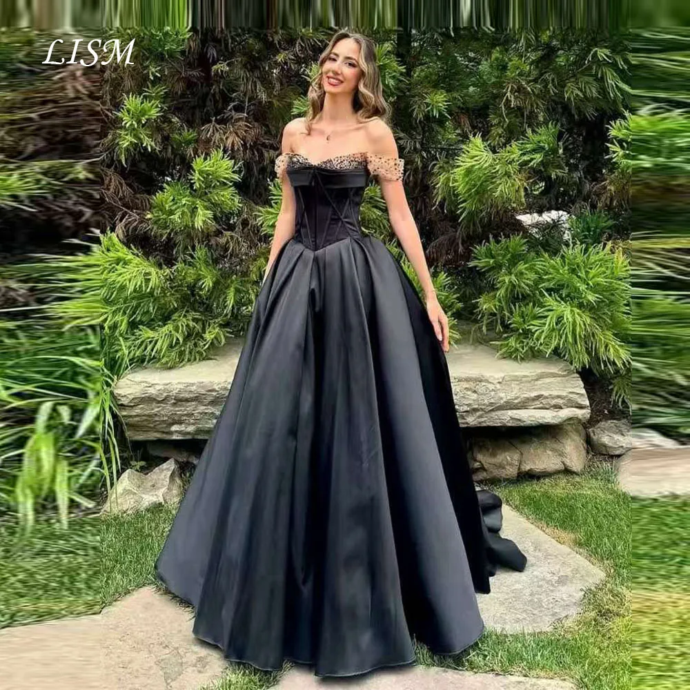 

LISM Black Off Shoulder A-Line Simple Evening Dresses Silk Satin Long Elegant Prom Dresses Customized robe de soirée For Party