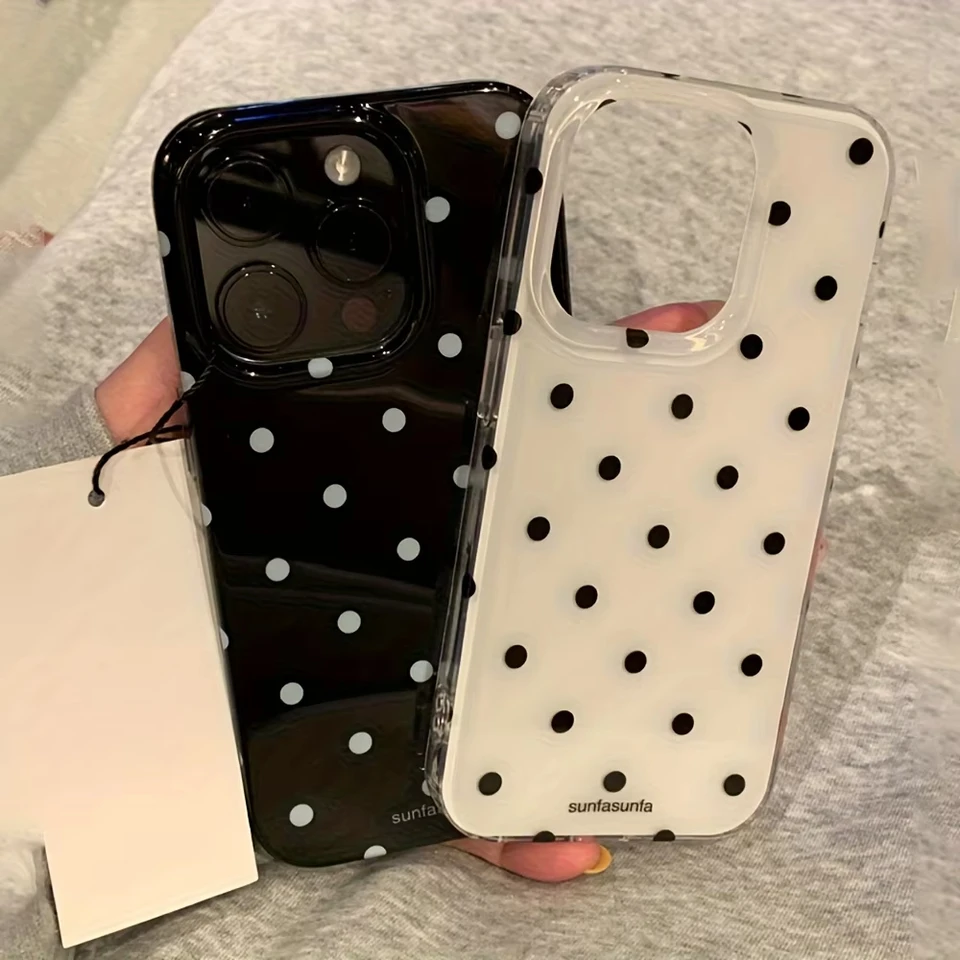 Funda de silicona a prueba de golpes con lunares blancos y negros minimalistas para iPhone 17 Air 16 Pro Max 15 14 Plus 13 12 Mini 11 2
