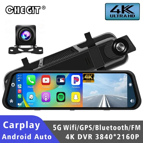 UHD 4K 3840*2160P 자동차 Dvr Carplay 안드로이드 자동 GPS 5G WIFI AUX 대시 캠 스트림 백미러 Dashcam 카메라 드라이브 레코더 FM