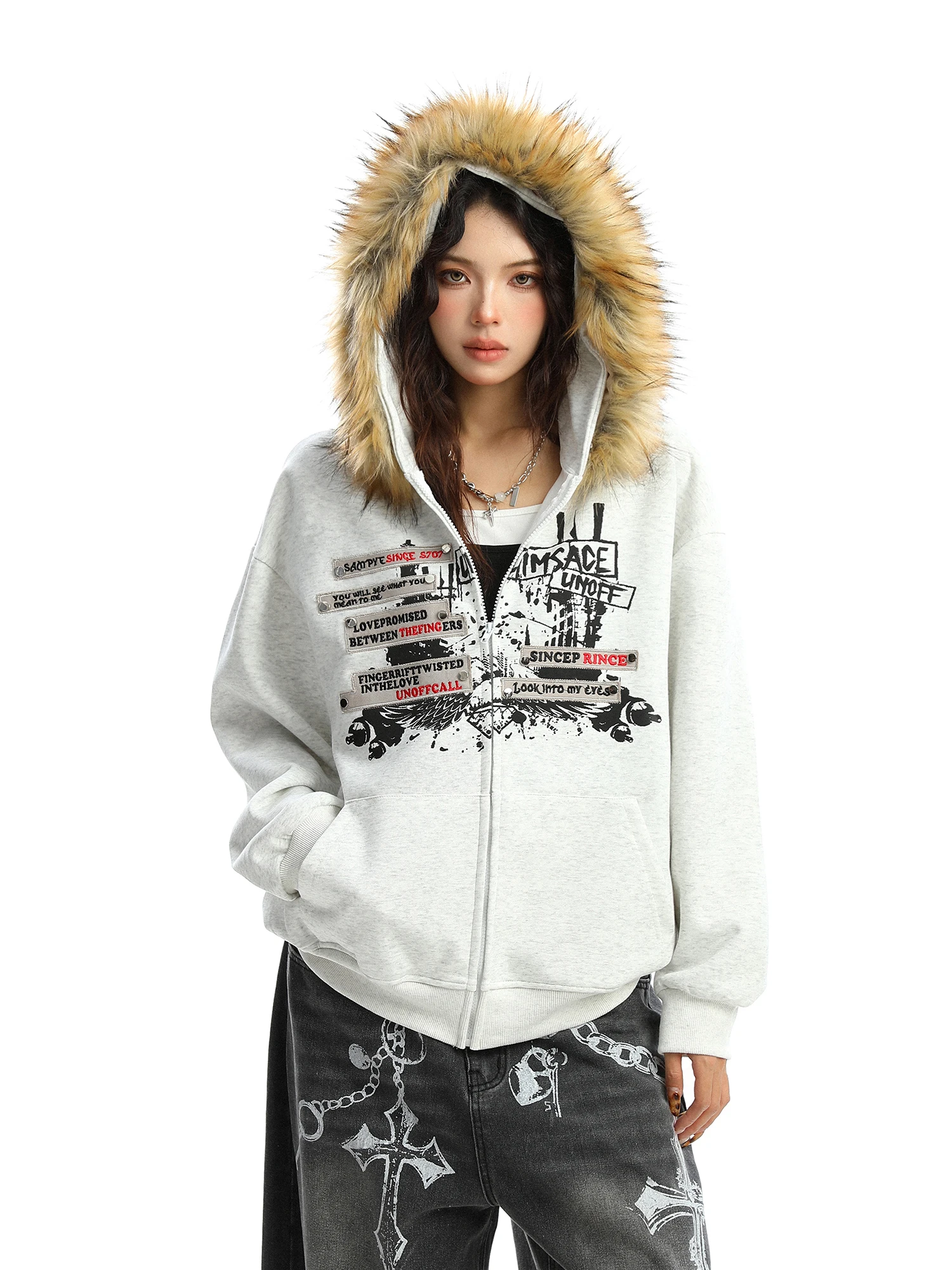 

Ретро-кардиган в американском стиле с капюшоном, свободный мужской свитшот, верхняя одежда для пар, модная молодежная одежда с меховым воротником и длинными рукавами