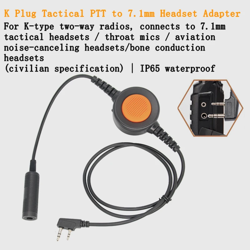 K-plug Waterproof Tactical PTT for K6/TK11/UVK1/5RH Radios, Adapt to 7.1mm NATO Civilian Throat Control, Bone Conduction Headset