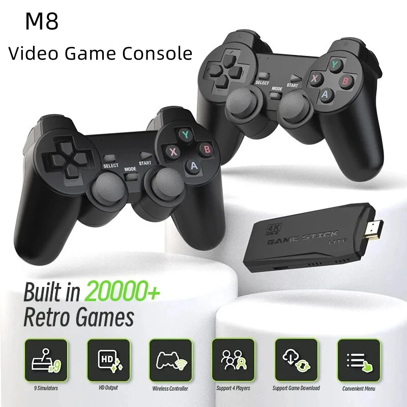 M8 Retro Video Game Console 4k 2.4G Wireless Console Game Stick 4k 20000 Games Portable Dendy Game Console For PS1/GBA/MD