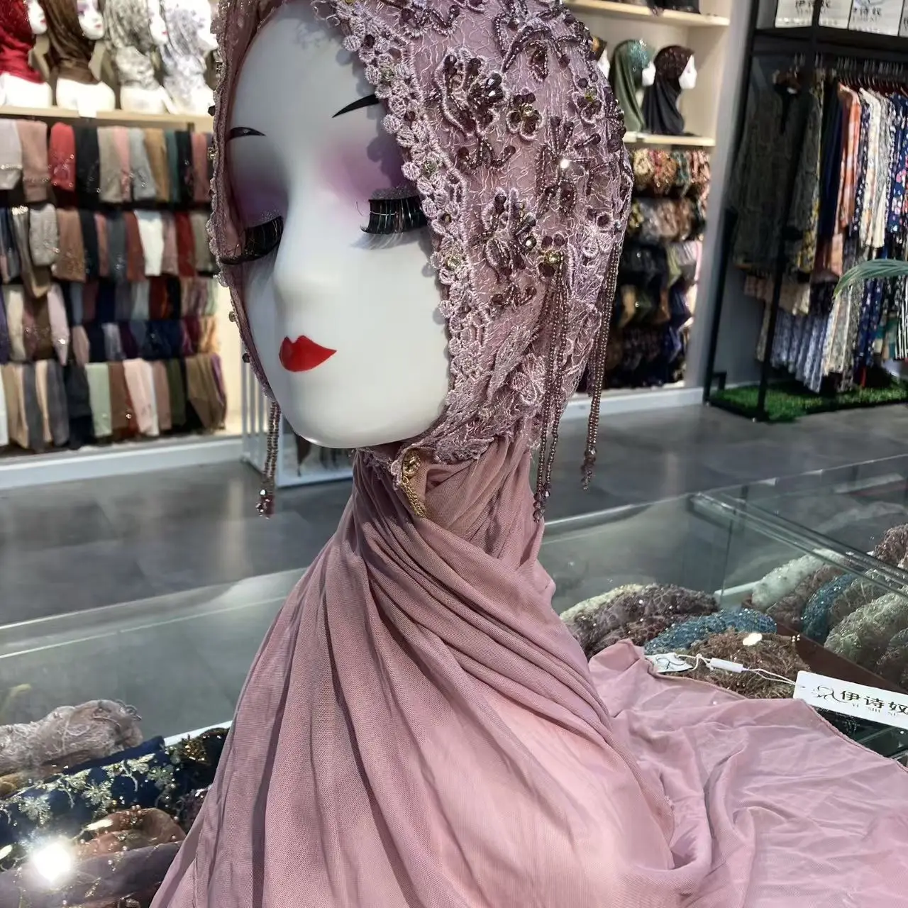 

Мусульманские хиджабы для женщин, роскошная шаль из бисера, платок с кисточками, шарф, Малайзия, Ид, молитва, розовые шарфы, головные уборы для танцевальной вечеринки