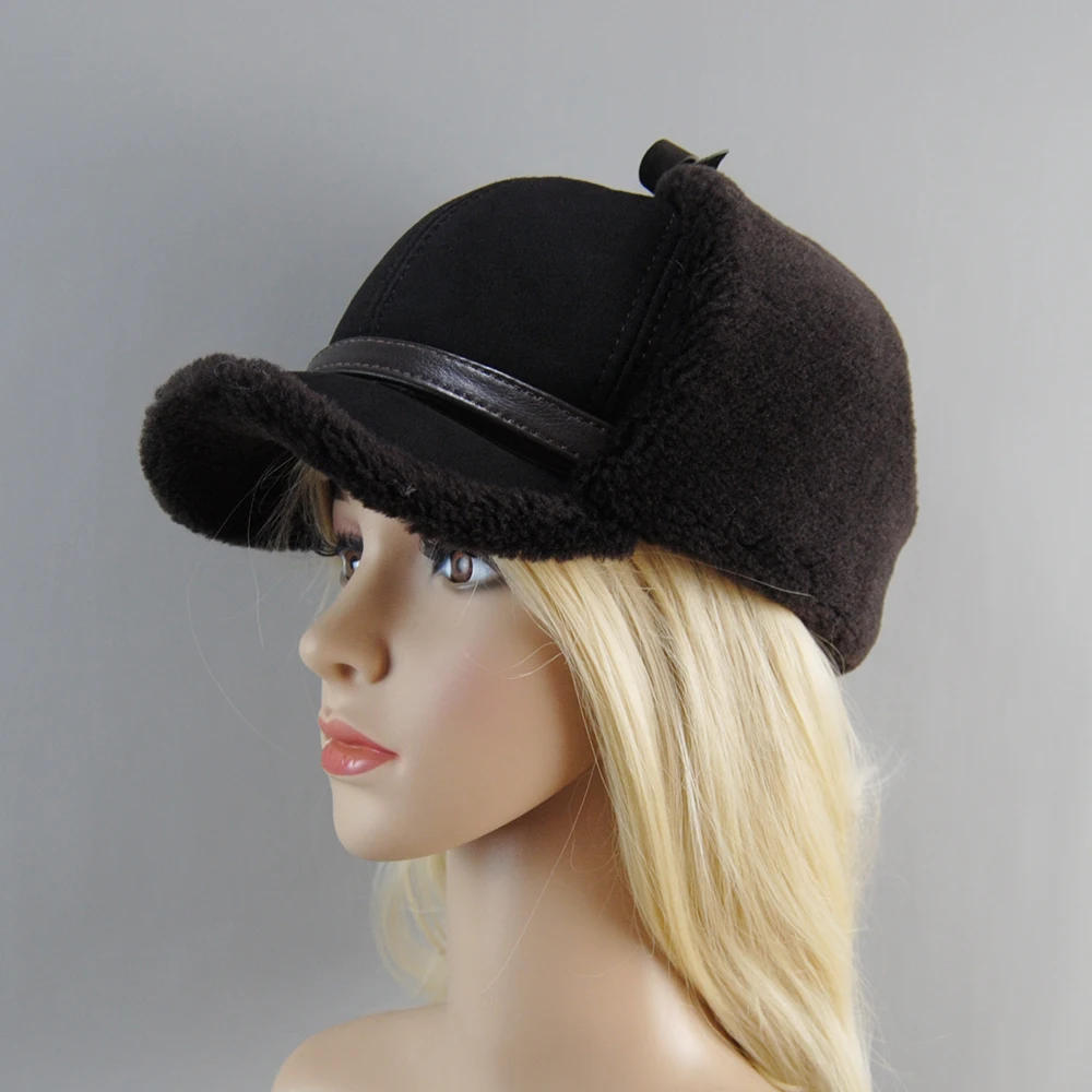 Real Fur Wool Hat Unisex New Winter Warm Bomber Russian Ushanka Hats With Ear Flaps Cow Leather Thick Snow Earflaps Baseball Cap