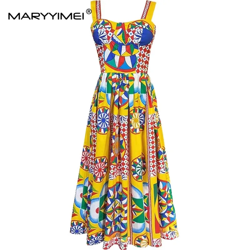 MARYYIMEI Fashion Women Pure cotton dress Spaghetti Strap Sicilian Classic Print Holiday S-XXL Pure cotton Dresses