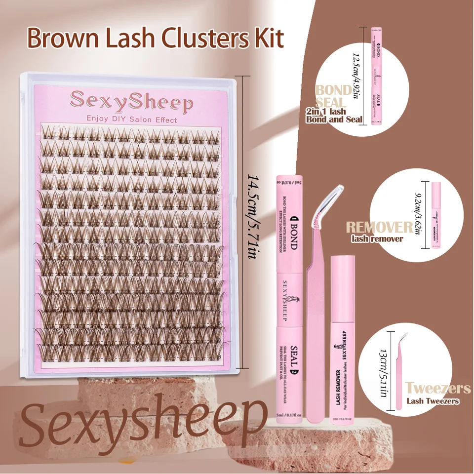 Kit de extensiones de pestañas DIY, clusters marrones, pestañas individuales naturales, sujeción fuerte con bond, seal y pinzas 3