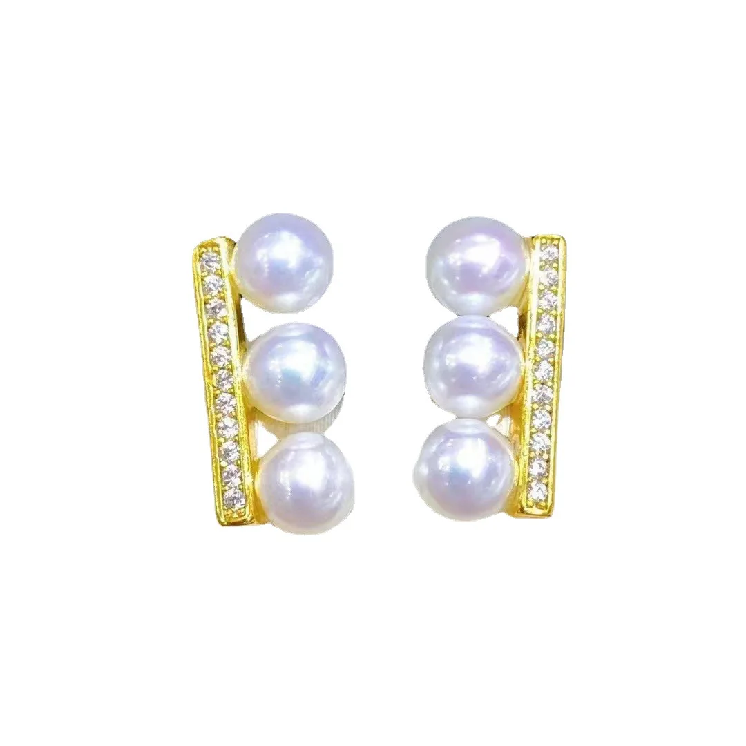 Tasaki Balance Wood Freshwater Pearl Stud Earrings Multi-Bead Timeless Classic