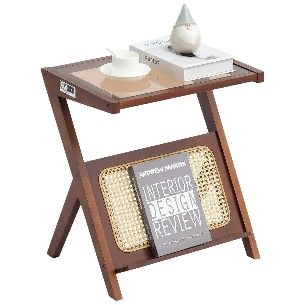 

Rattan Bamboo Z-Shape Coffee Table with Tempered Glass Top Mid Century Modern Design for Small Space Storage Walnut Finish
