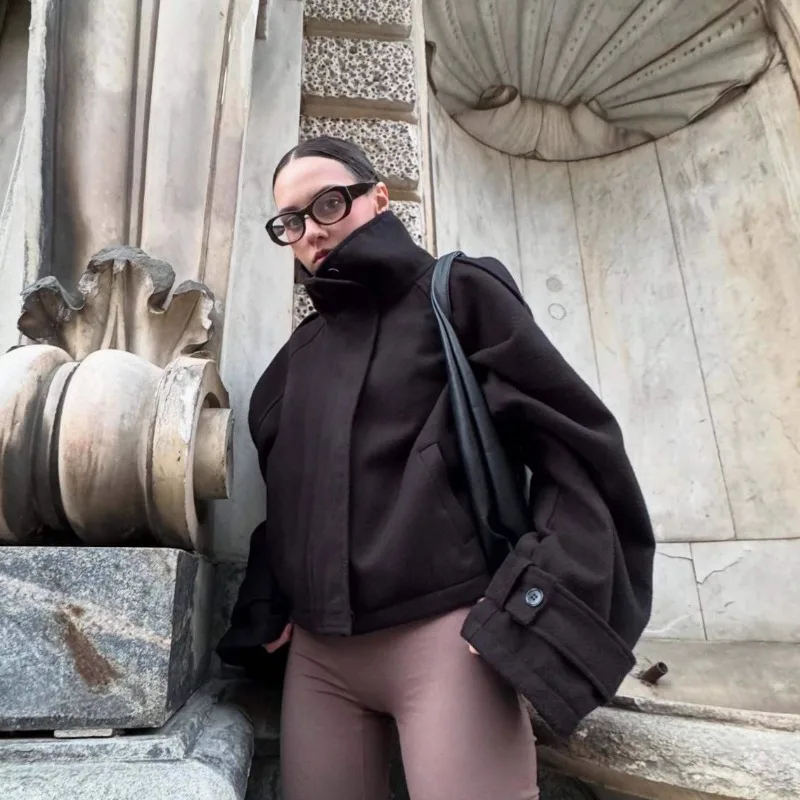 Cappotto in tweed con colletto alla coreana Vitnage per donna Cappotto corto in lana allentato Giacca autunnale da donna elegante Abbigliamento invernale femminile Capispalla