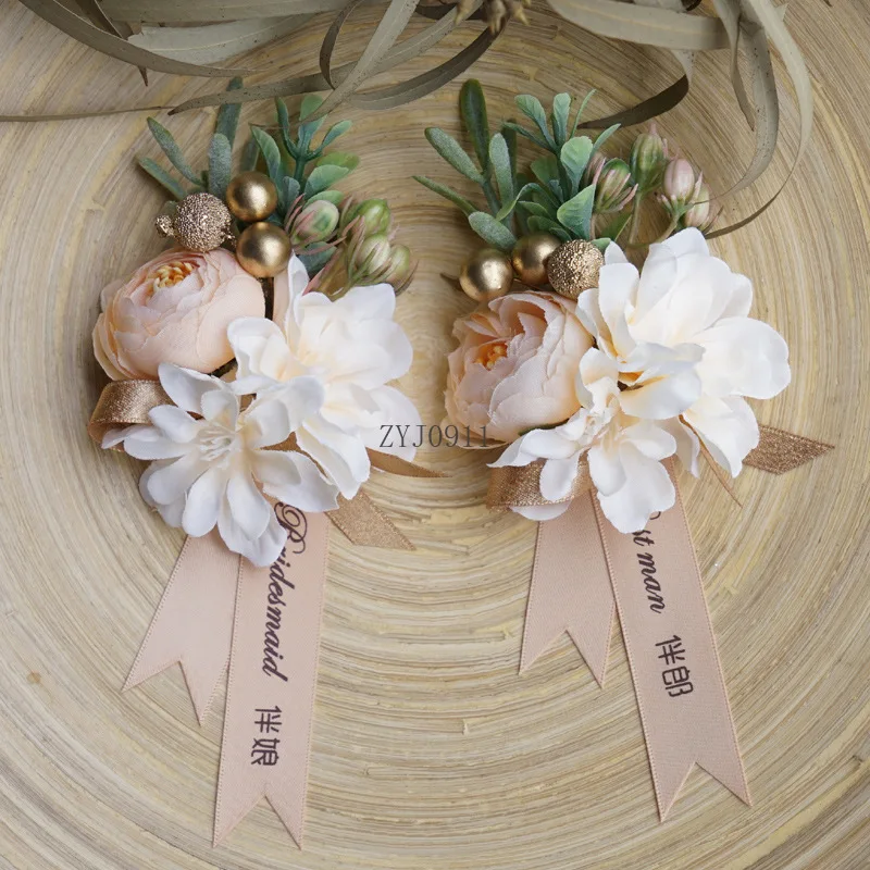 *الشمبانيا المعصم الصدار وصيفه الشرف العريس الأخوات أساور الشريط اليد الزهور الاصطناعية الزفاف العروة حفلة موسيقية اكسسوارات