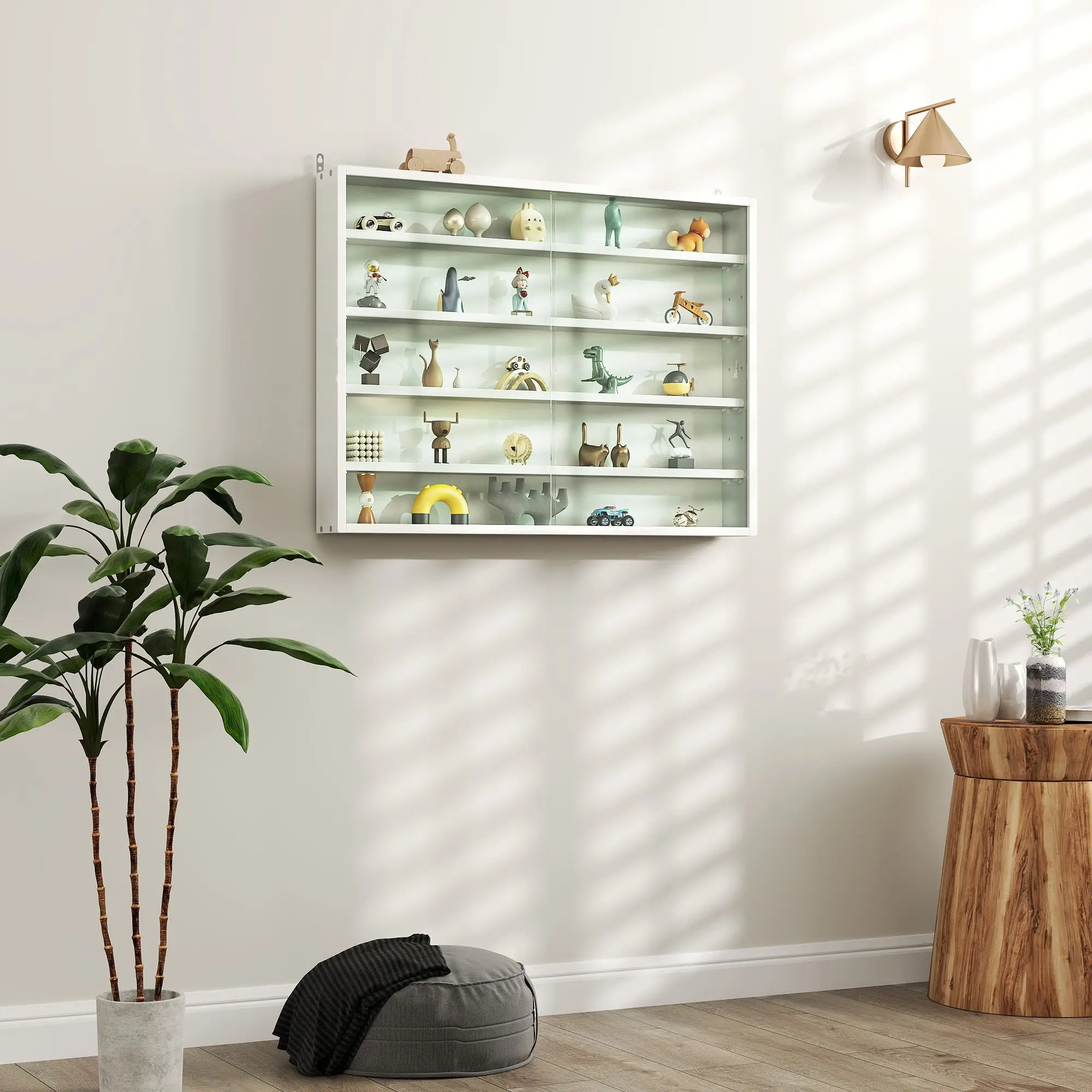 5-Tier White Display Cabinet with Glass Doors & Adjustable Shelves, Wall-Mounted