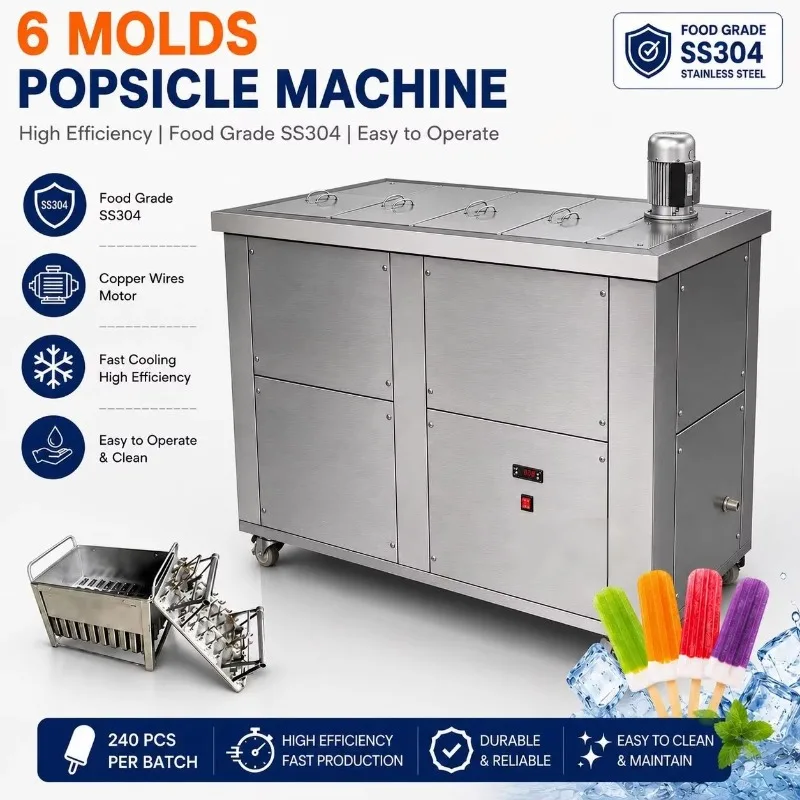 6 Molds Commercial Automatic Ice Pop Stick Ice Cream Bar Lolly Pallet Popsicle Making Machine Customized