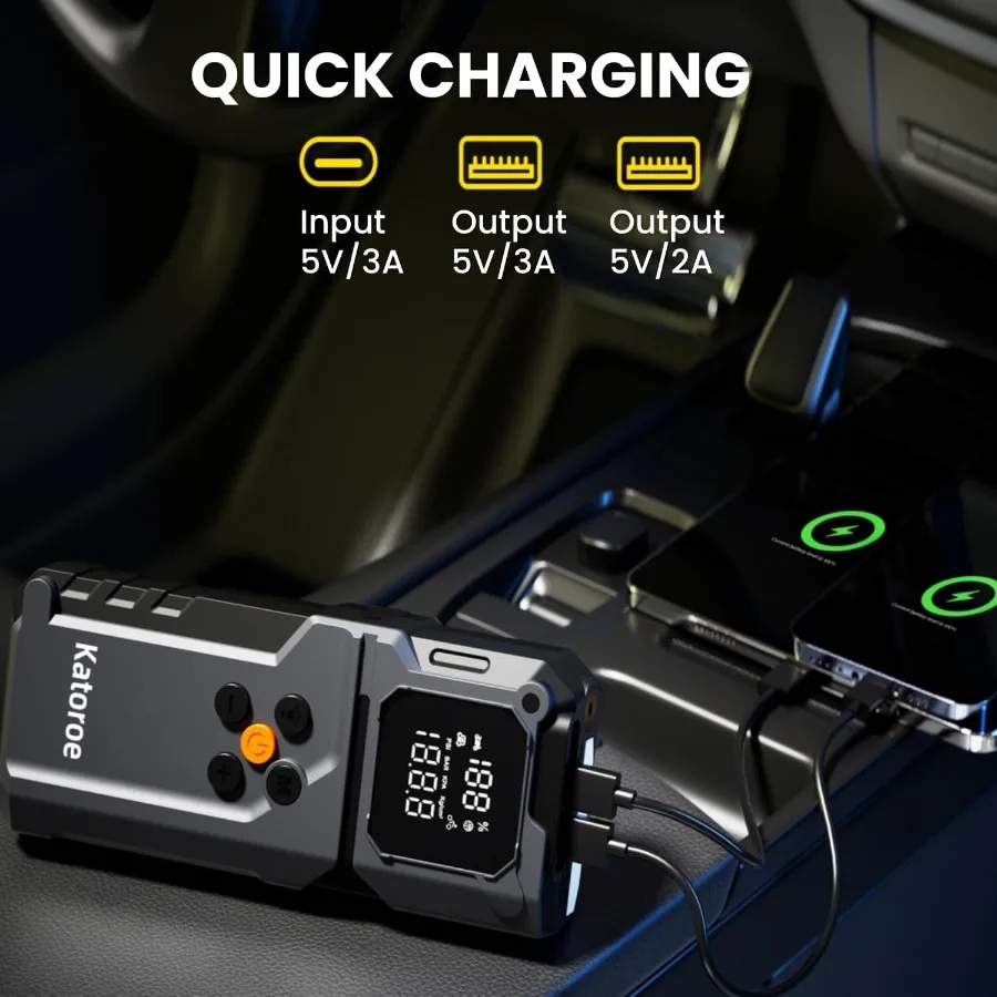 Portable 12V Car Battery Jump Starter with 5000A Peak Current and 150PSI Air Compressor for 9.0L Gas and 7.0L Diesel Engines In