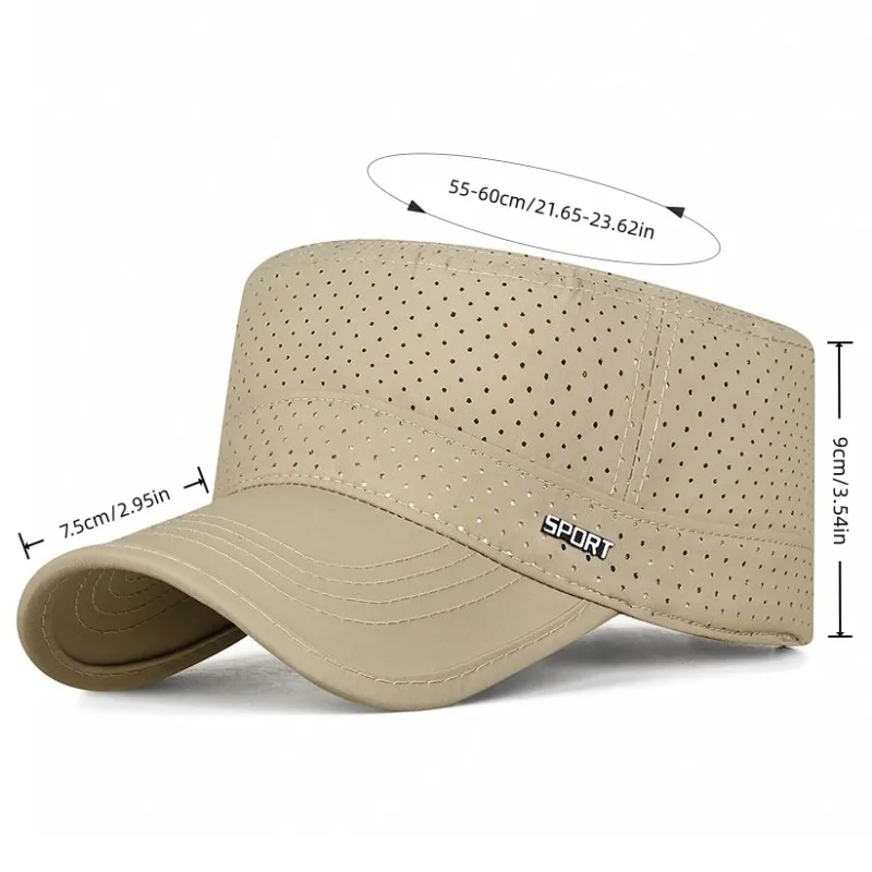 Mesh versatile sun protection flat top hat with metal SPORT logo curved brim sun protection quick drying hat
