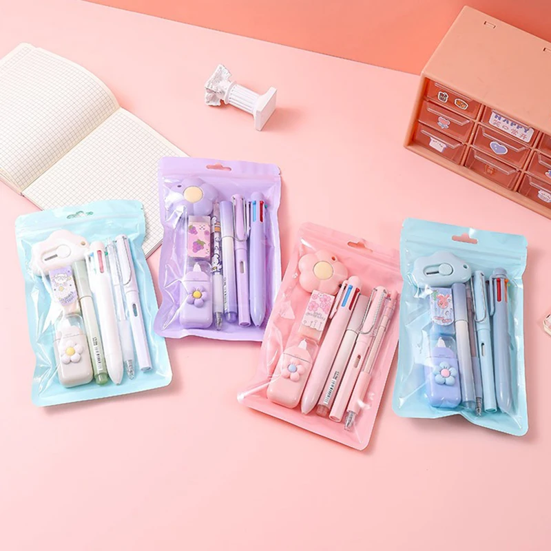 Kawaii Stationery 7-piece Set(6-color Ballpoint Pen Gel Pen Pencil Marker Utility Knife Correction Tape Eraser) Student Souvenir