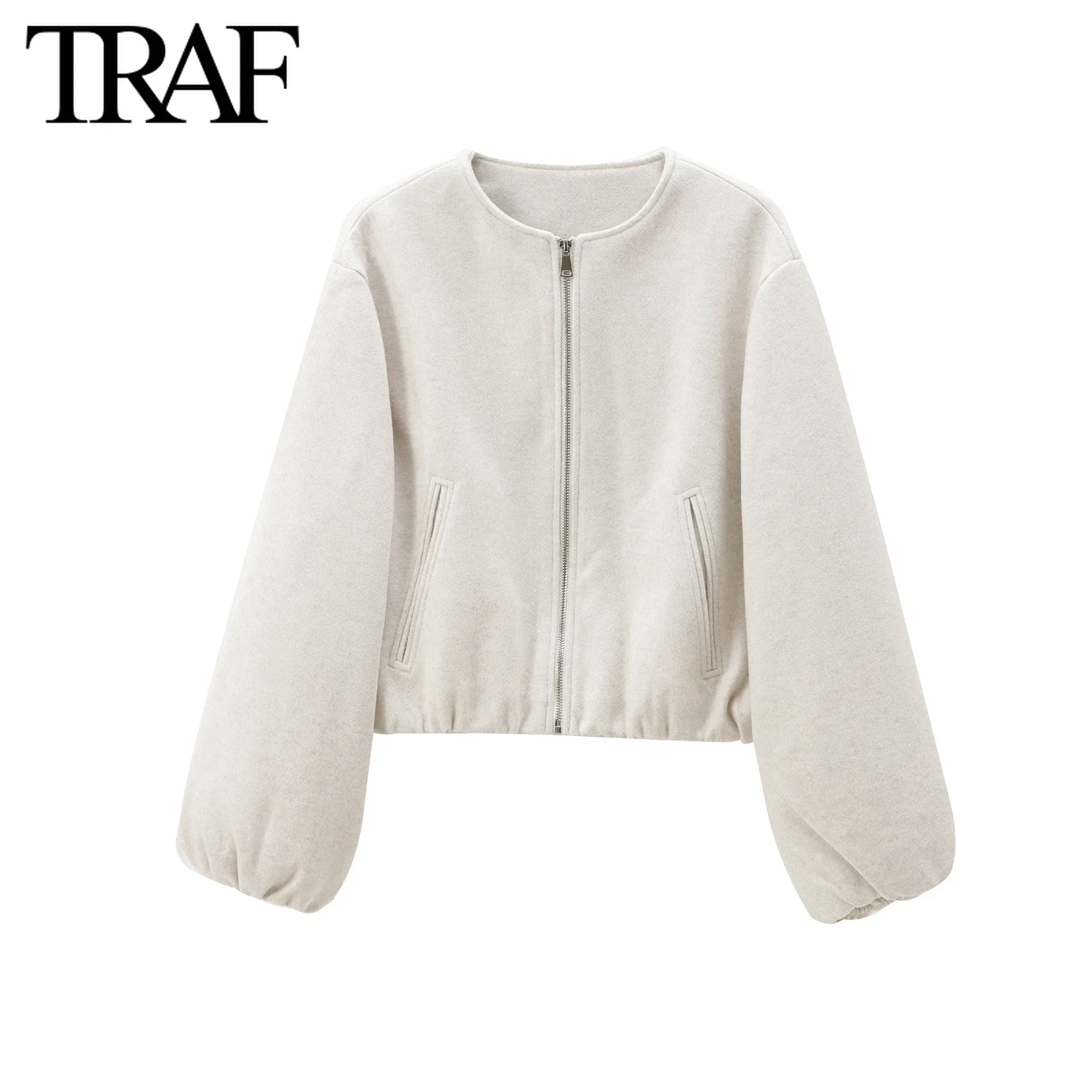 TRAF Women Fashion Autumn New Solid Color Soft Loose Pilot Jacket Long-sleeved Zip Round Neck Short Coats Chic Female Tops