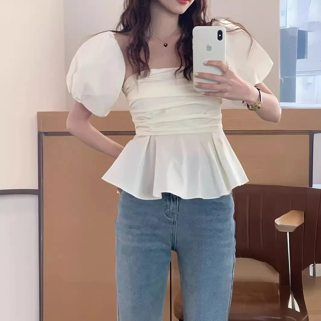 French Sle Unique Off-Shoulder Tube Top Women's Summer Design Unique Chic Puff Sleeve Short Shirt