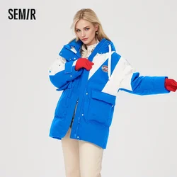 Semir Down Jacket Women Mid-Length Embroidered Loose Contrasting Color Three-Defense 2024 Winter Top Hooded Spliced Coat