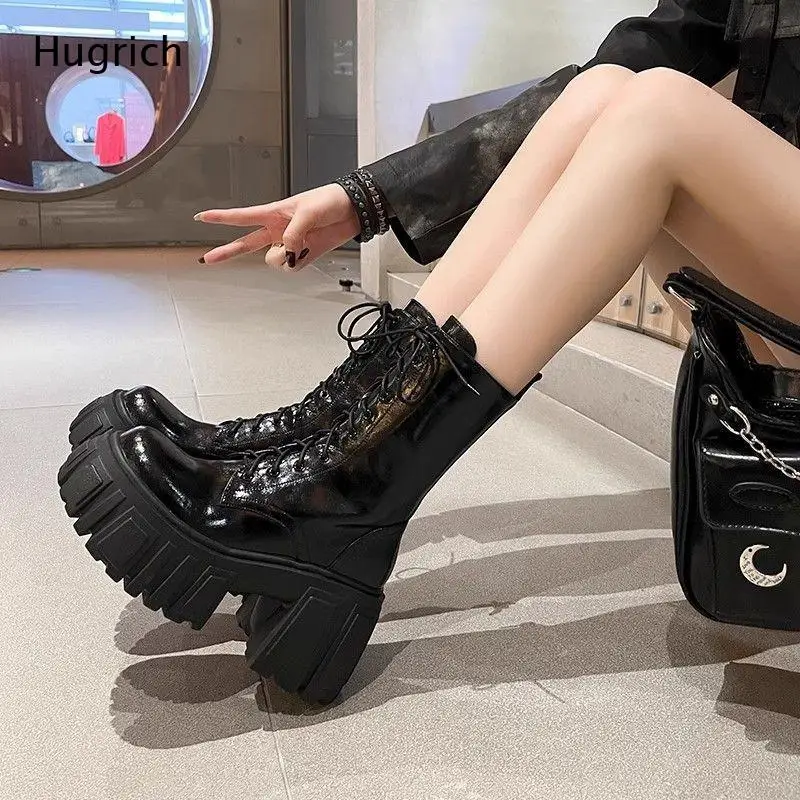 Women Black Patent Leather Platform Combat Boots with Lace Up Design and Chunky Heel Gothic Style Ankle Boots