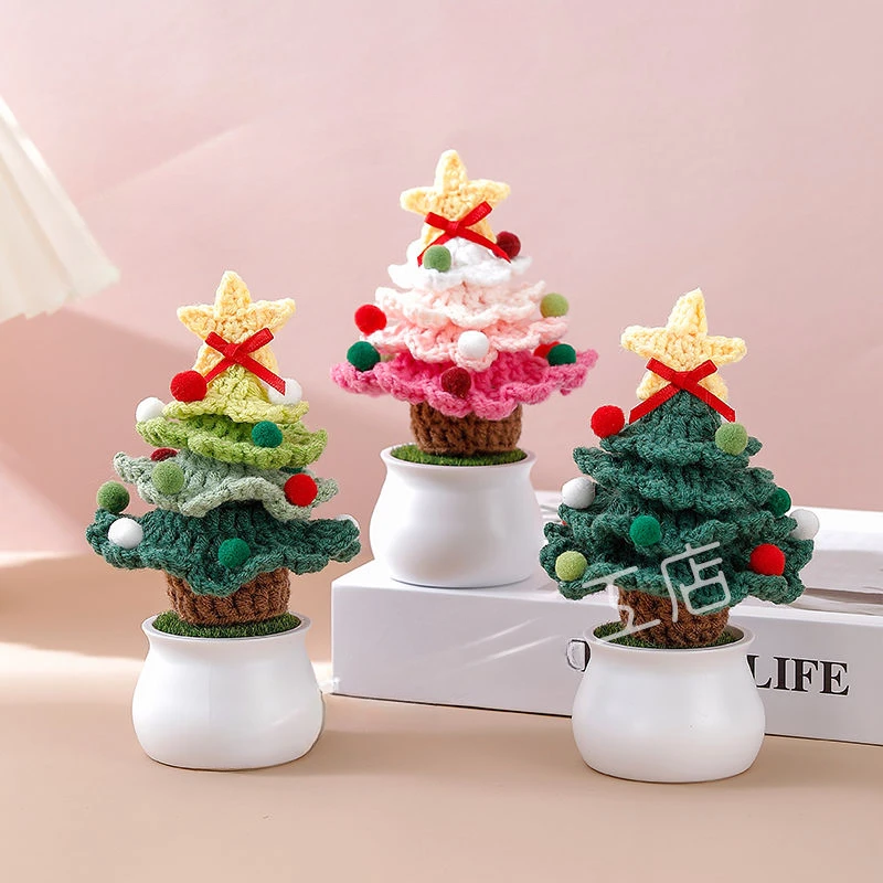 Christmas Tree Small Potted Plants Crochet Handmade Tabletop Small Ornaments Wool Weaving Doll Xmas Gifts Desktop Decorations