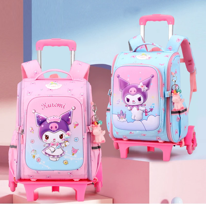 

Sanrios Cute Kuromi Trolley School Bag Cartoon Children School Backpack Wheels Climbable Stairs Students 1-3-6 Grade Schoolbag