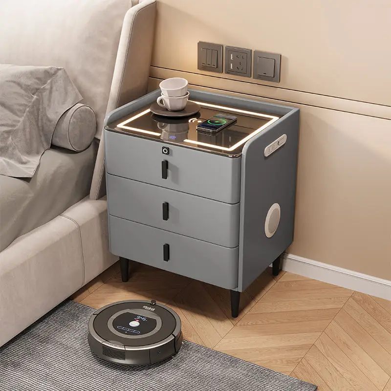 طاولة السرير الذكية اللاسلكية متعددة الوظائف شحن سمّاعات بلوتوث قفل بصمة الإصبع طاولة السرير الخشبية الصلبة