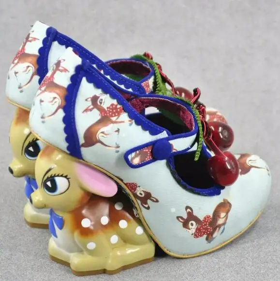 Cute Fawn Strange Heel T-Strap Button Red Cherry Pumps Blue Pink Color Painting Leather Animal Wedge Heels Lolita Shoes Woman