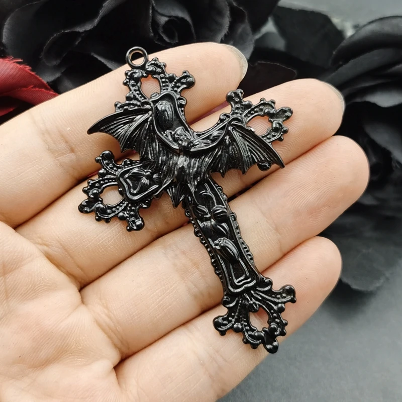 2pcs Large Bat Cross Pendant Floral Filigree Victorian Vintage Gothic Style Accessories DIY Charm Jewelry Crafts Making