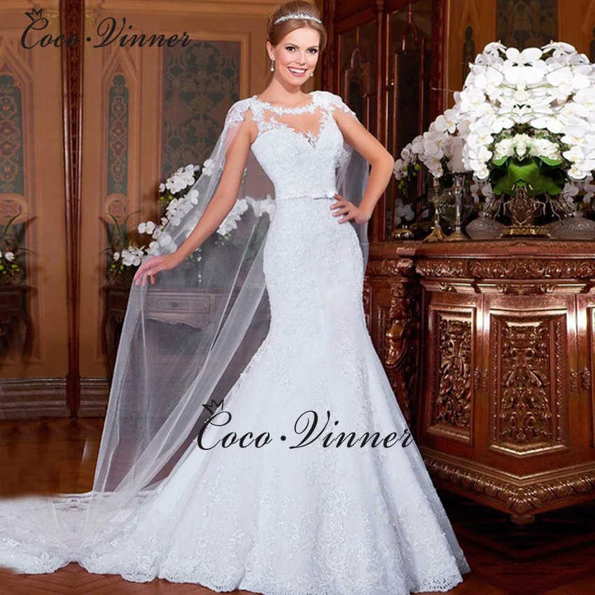 

Customized Watteau Train Mermaid Wedding Dress For Women Beaded Sashes Vestido De Casamento Bride Dresses Robe De Mariage W0026