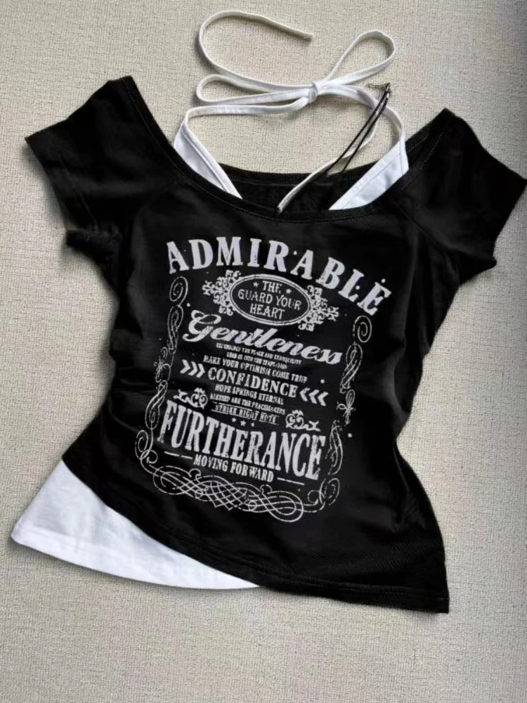 Letnie seksowne bluzki damskie z jednym ramieniem w stylu Y2K vintage, streetwear, casualowe koszulki z nadrukiem z lat 2000, koreańska moda, punkowe crop topy, lato 2024. — zdjęcie 7