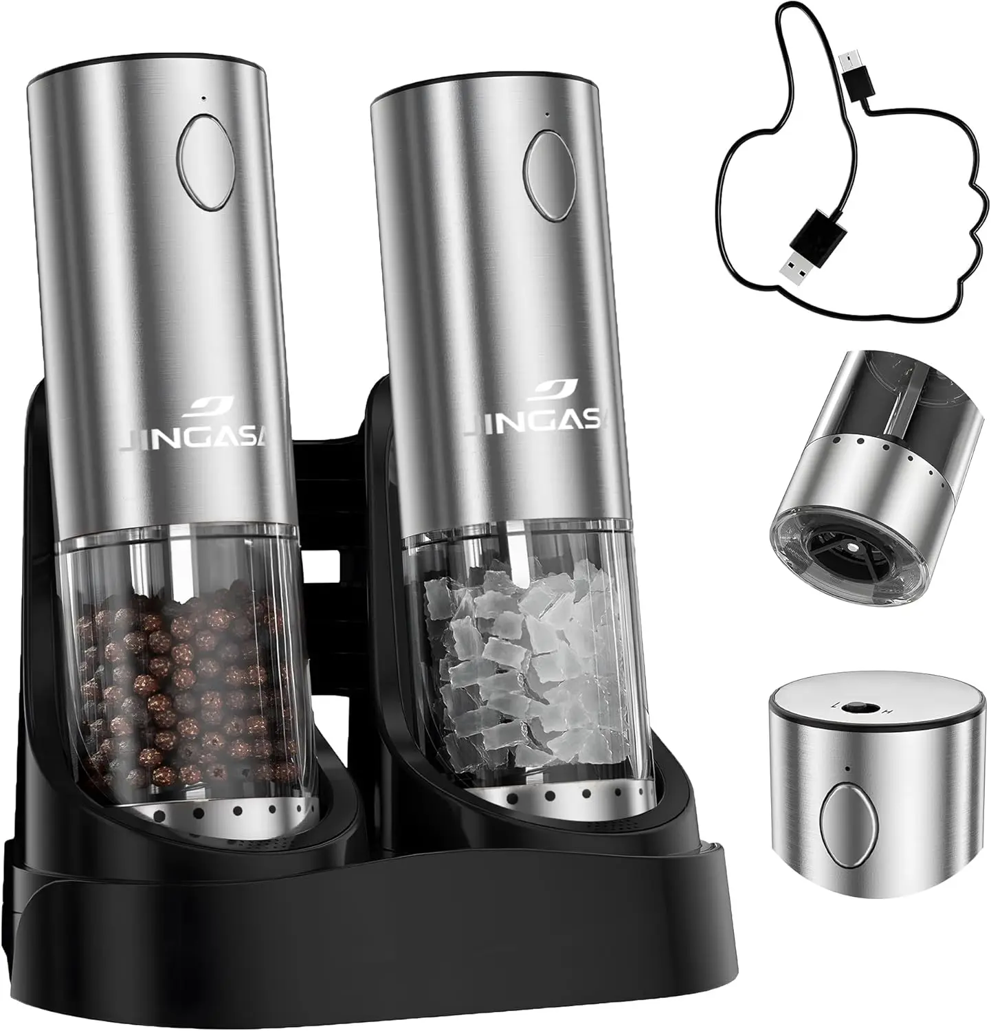 

[Upgraded Larger Capacity] Electric Salt and Pepper Grinder Set with USB Charging Base, 95ml Large Capacity, Adjustable