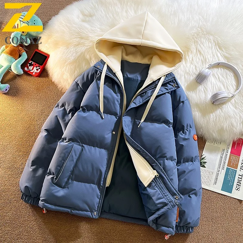 

COMXZ 2025 Mens Womens American Style Fake Two Piece Hooded Puffer Jacket Winter Windproof Thickened lightweight windbreaker
