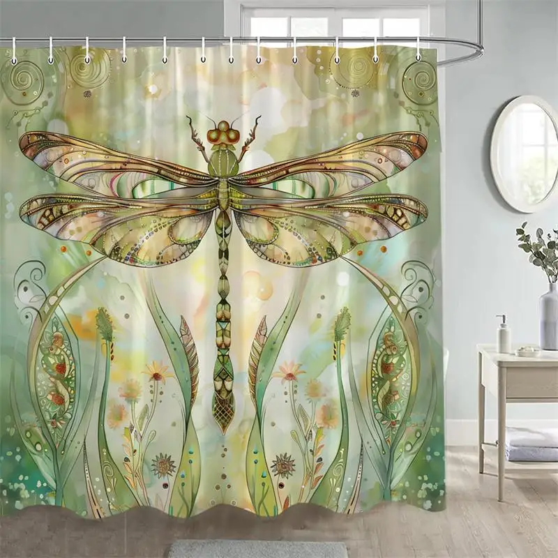 Floral Dragonfly Shower Curtains Butterfly Dandelion Purple Flowers Watercolour Art Polyester Bathroom Curtain Decor With Hooks