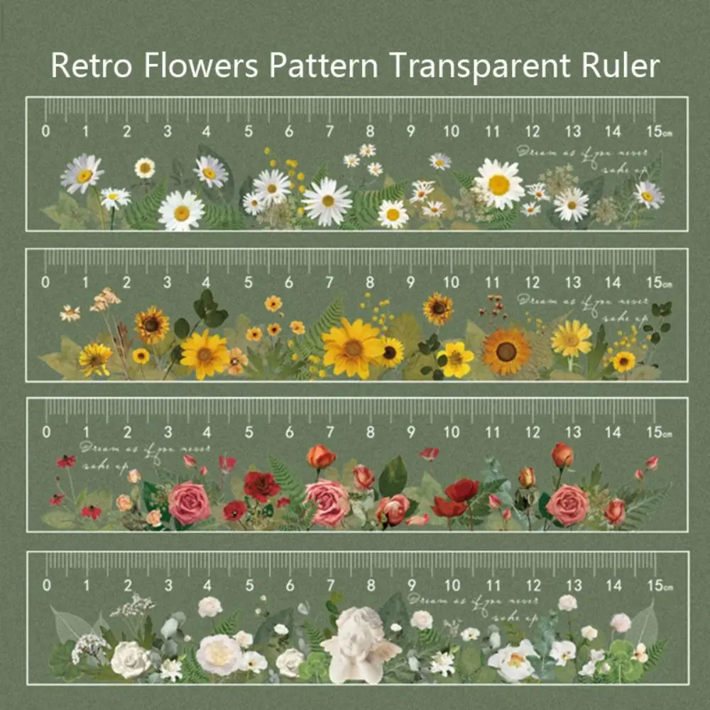 

15cm Retro Flowers Pattern Transparent Measuring Ruler Multi-function Straightedge DIY Drawing Tools Student Gift Stationery
