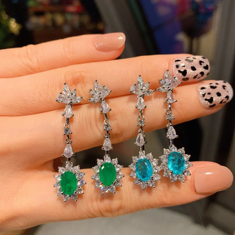 

European and American popular colored gemstone micro-inlaid fresh style earrings with main stone 6*8