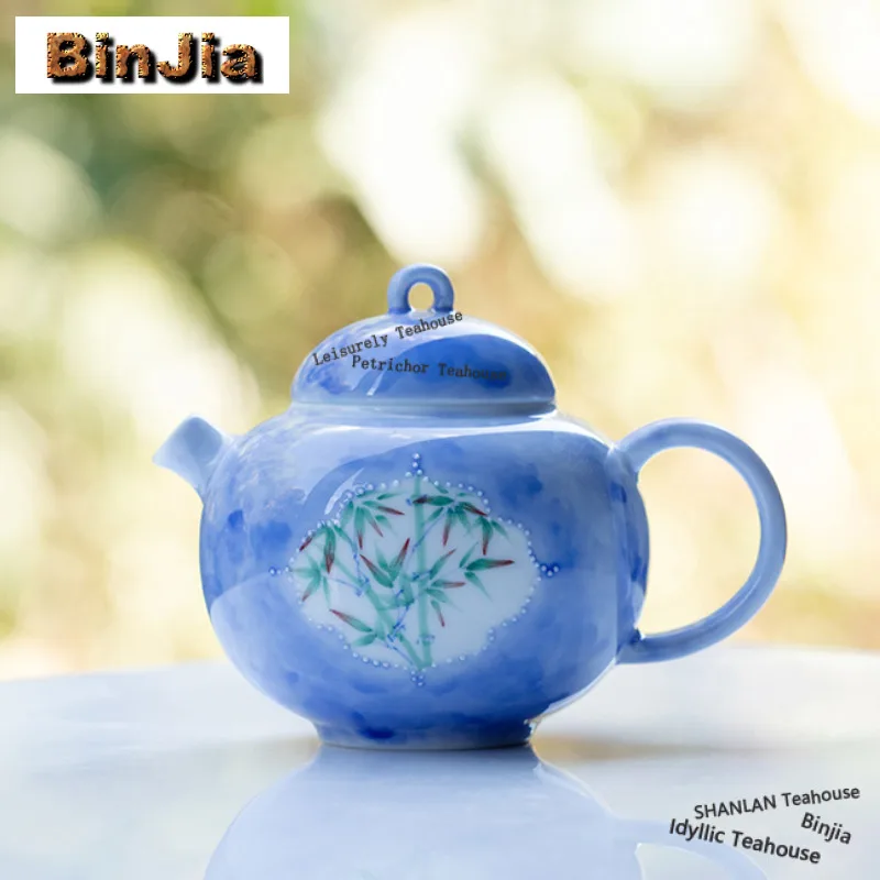 

160ml Hand-painted Blue Bamboo Shadow Teapot Retro Tea Infuser Pot Tea Making Kettle With Ball Hole Kung Fu Tea Cha Ornaments