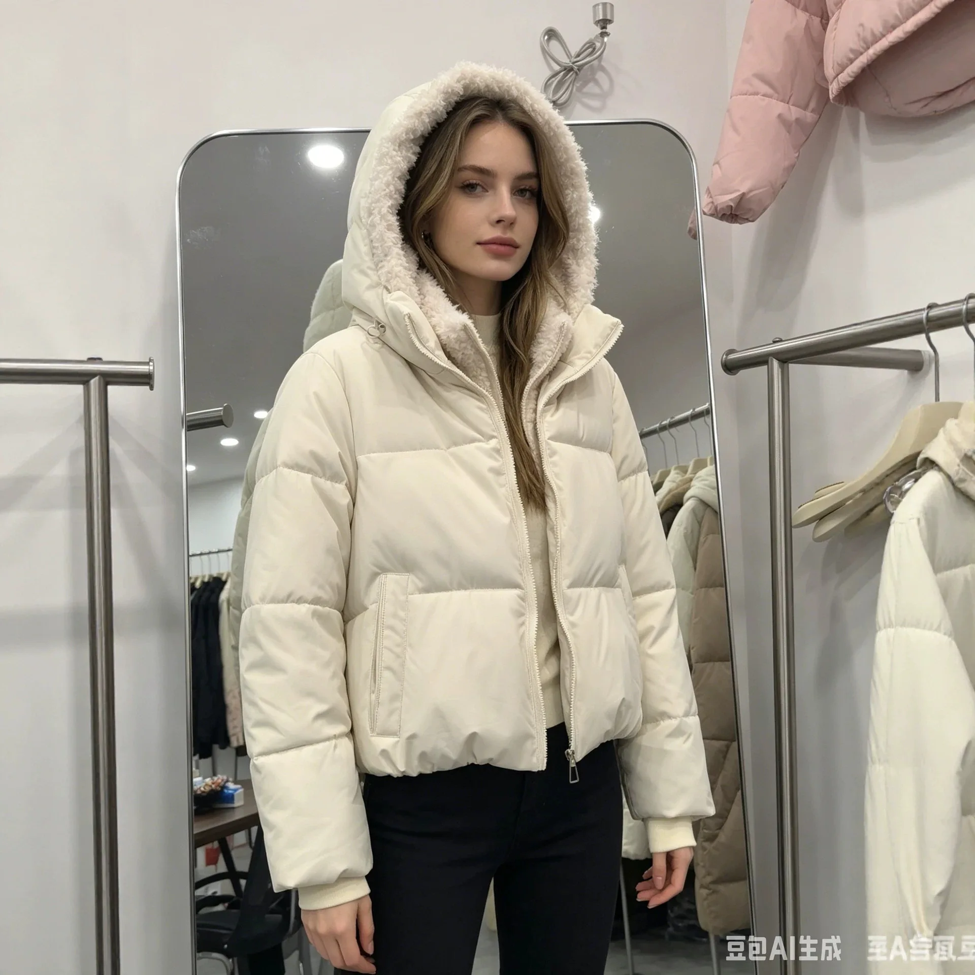 European and American down cotton bread jacket plus two fake 2026 short hooded lamb wool inner cotton coat
