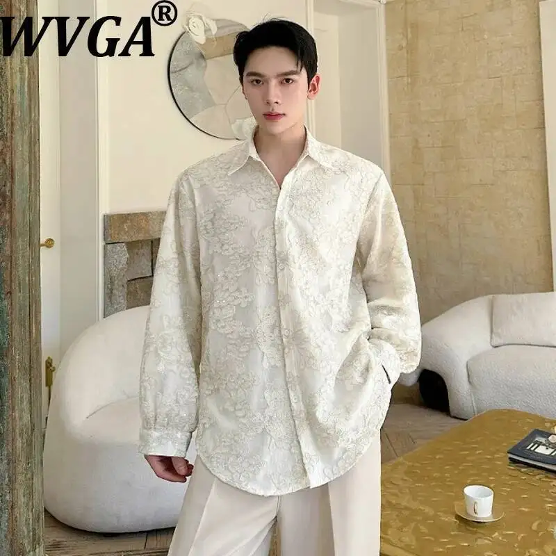 

WVGA Summer New Men Double-layer Embossed Sheer Embroidered Long Sleeve Shirt Niche Chic Casual Turn-down Collar Tops Ins W24156