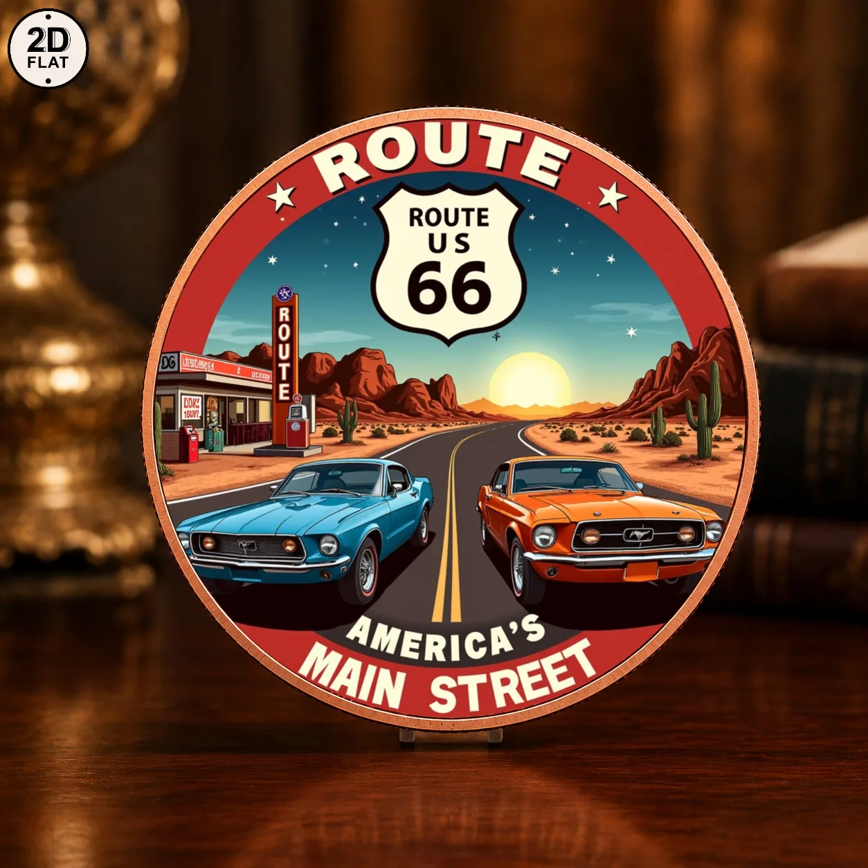 1pc 1oz Fine Copper Route 66 Challenge Coin Classic Muscle Car Desert Highway Collectible Medal Gifts for Road Trip Enthusiasts