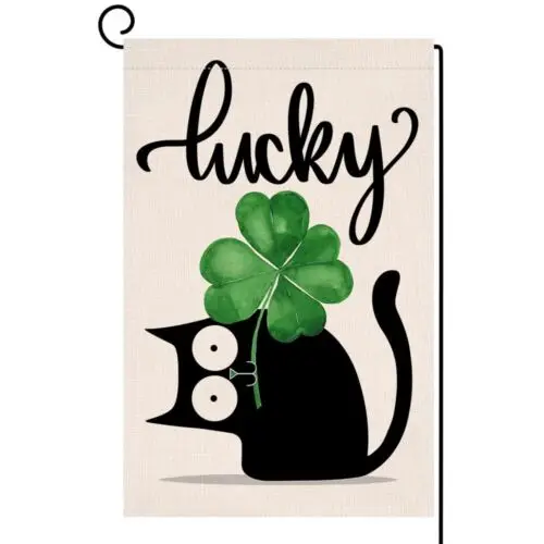BLKWHT St. Patrick's Day Cat Garden Flag 12x18 Vertical Double Sided Lucky Gr... ANM VVL YYX