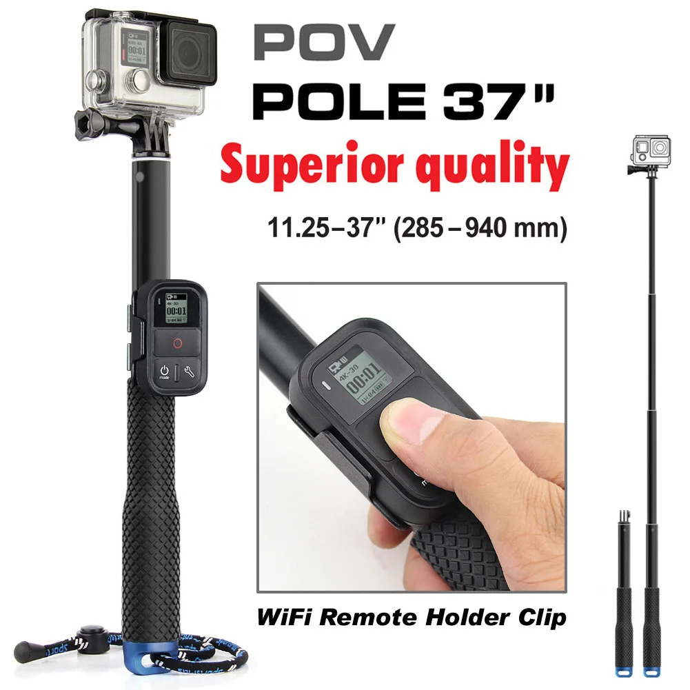 37 ''ل GoPro للتمديد يده بوف القطب تلسكوبي ترايبود Monopod + Wifi عن بعد حامل كليب ل الذهاب برو بطل 7 6 5 4 3 +