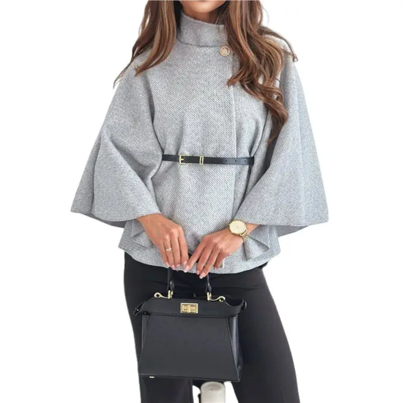 

A24F-Women Batwing Sleeve Ponchos Pea Coat Stand Collar Capes Jacket Cloak Elegant Wool Coat With Belt
