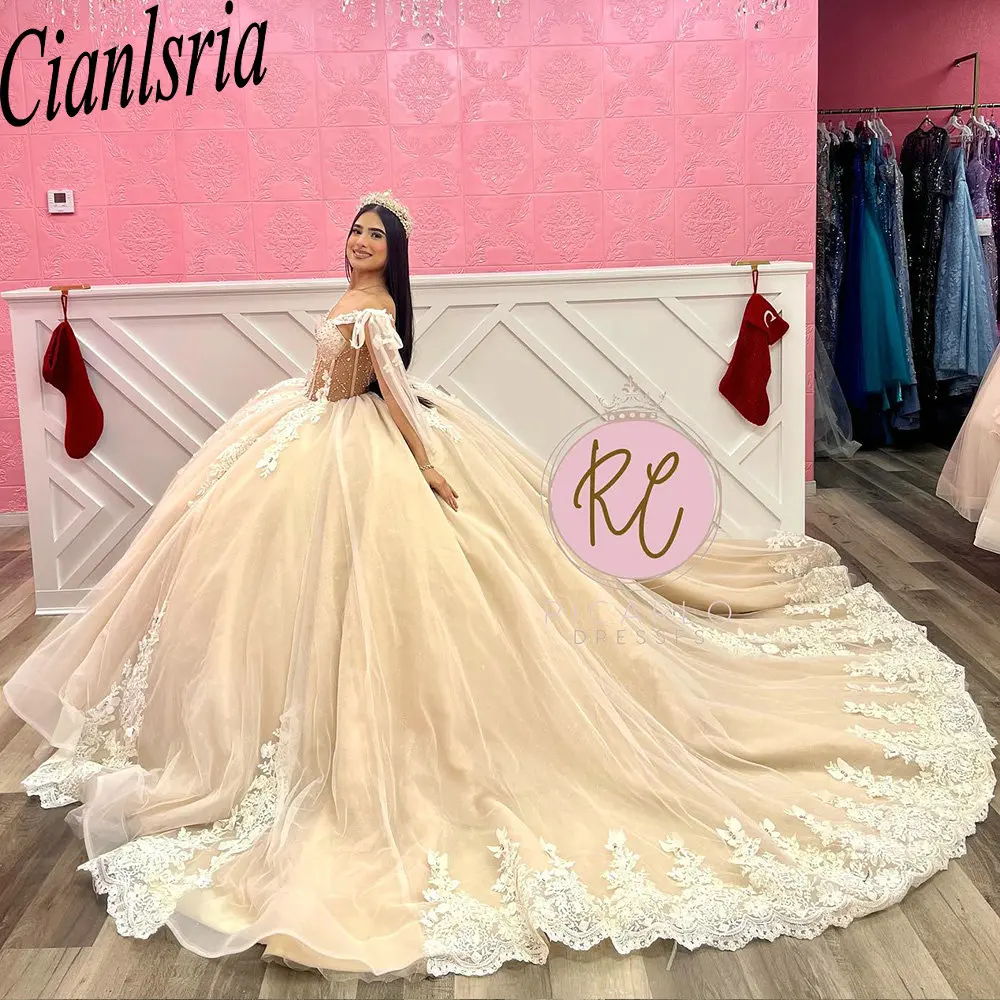 Vestido De baile De quinceañera con perlas De ilusión champán, apliques De hombros descubiertos, corsé De encaje, 15 Años