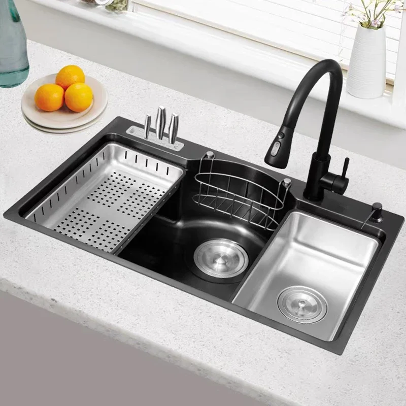 High-quality Multifunctional Kitchen Sink Set Single Bowl Two Holes 304 Stainless Steel Black Color