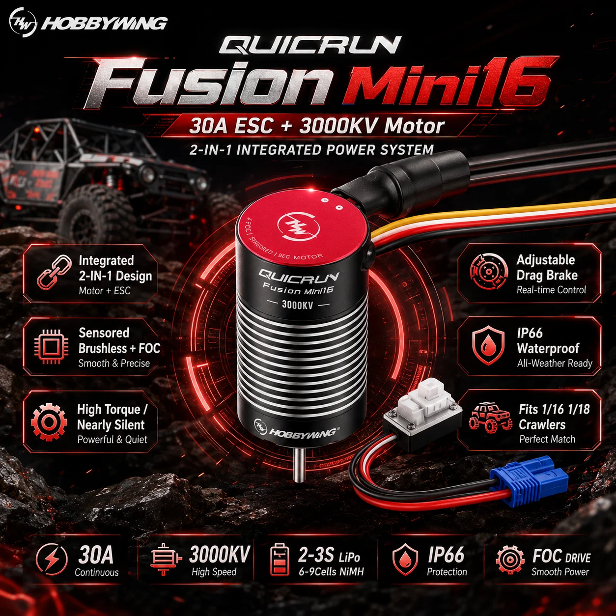 HOBBYWING QUICRUN Fusion 2-IN-1 Mini16 30A 3000KV Waterproof Brushless Sensored Motor ESC for 1/16 1/18 RC Crawle Car Upgrade