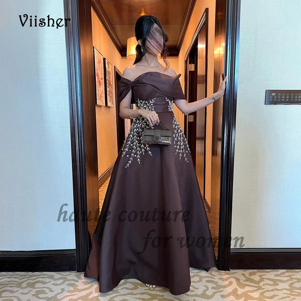 

Brown Off Shoulder Evening Dresses Beads Satin A Line Arabic Dubai Formal Dress Outfits Floor Length Prom Party Gowns