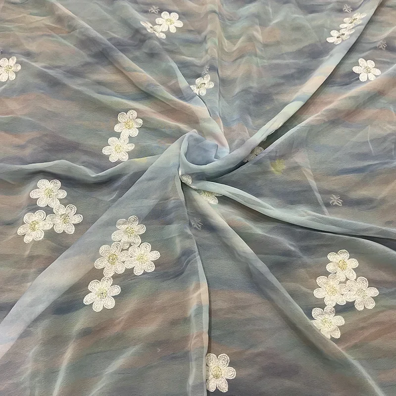 2025 New Smudge Gradient Gold Thread Embroidery Floral Chiffon Fabric For Wedding Dresses Home Decoration Sold By Yard