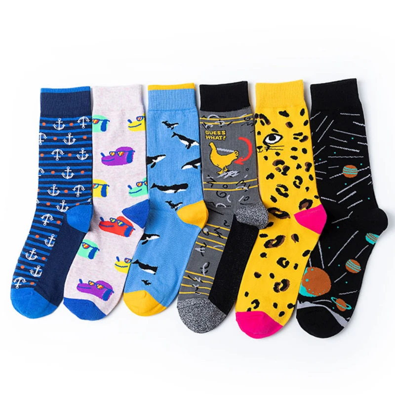 Chaussettes en Coton Peigné de Haute Qualité pour Homme, Injecteur, Lunettes de Rayure, Chien, Imprimé Léopard, Long Tube, Drôle, Heureux, Nouveauté