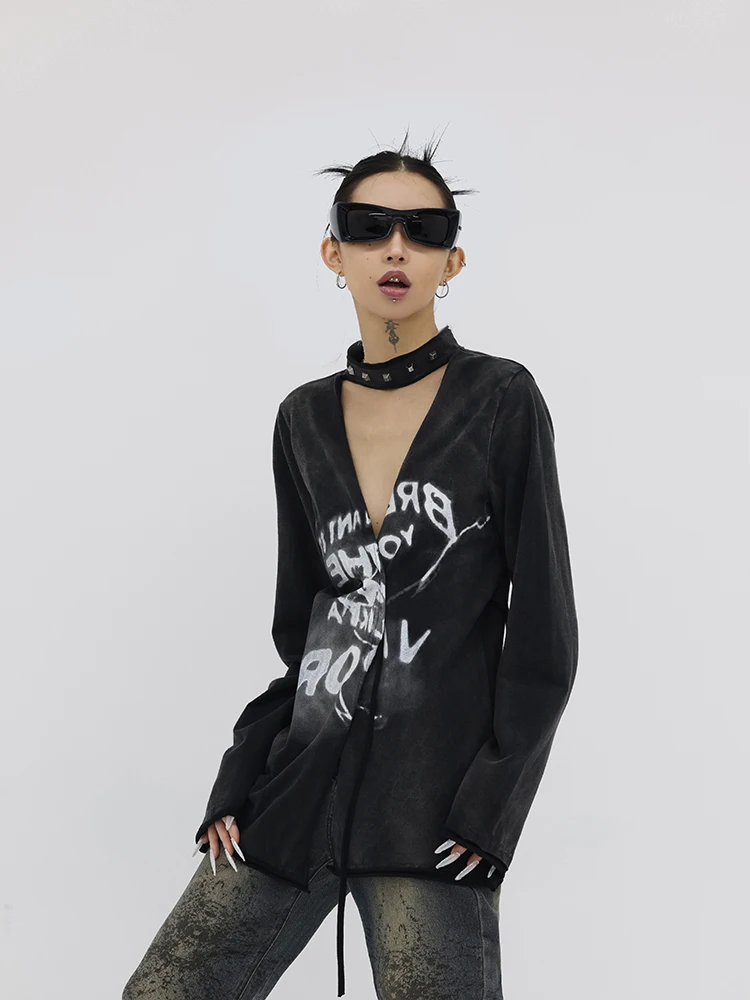 

Long Sleeve Top Women's Cotton Printed Rivet Decorations Black Distressed Letter Cardigan Short Sleeve V-neck Coat Spring Summer