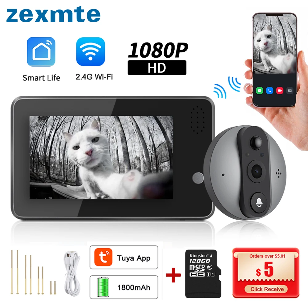 

Zexmte Tuya Doorbell Camera WIFI Waterproof Smart Home 1080P Video 4.3'' LCD Peephole Door Bell Night PIR Motion Outdoor Camera